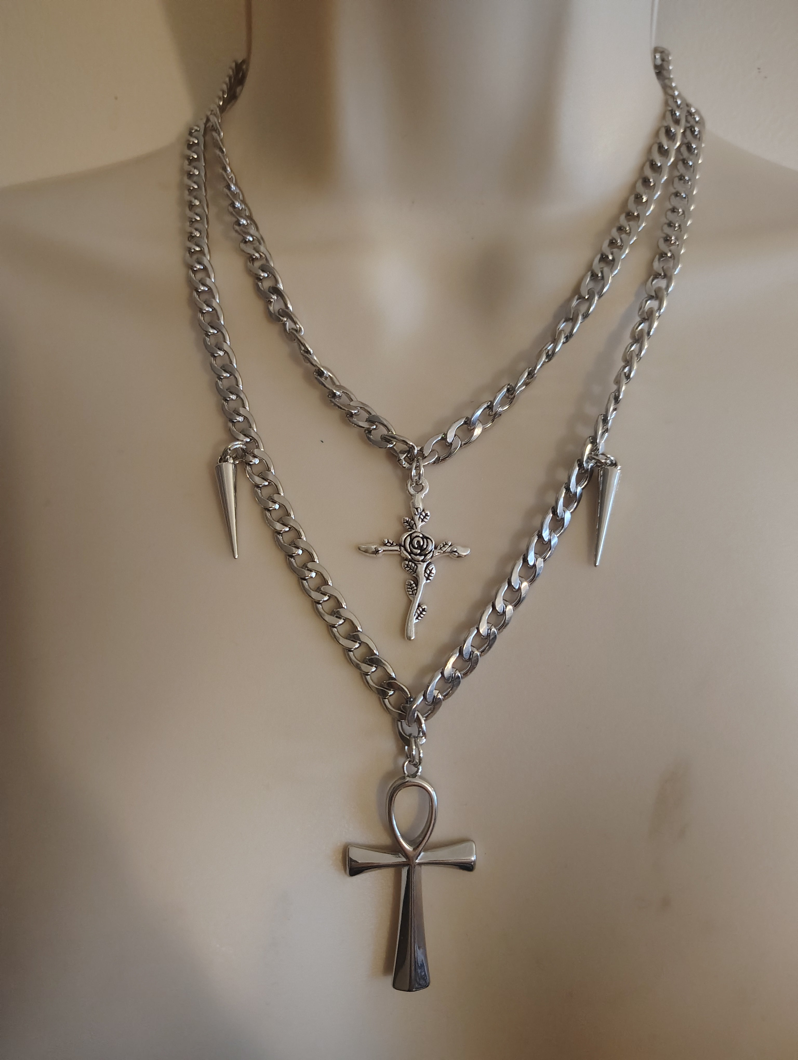 DIY ankh with spikes stainless steel necklace